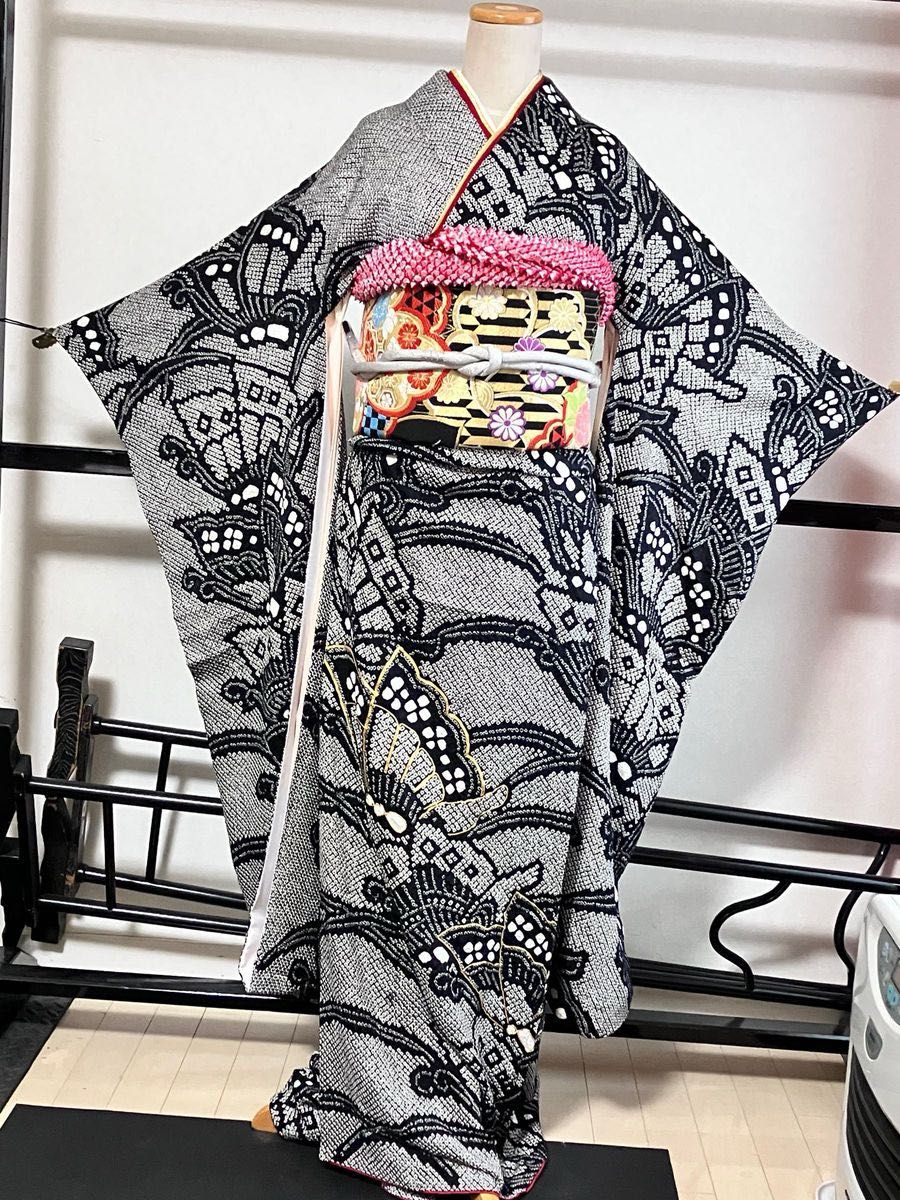 総絞り 黒 正絹 振袖 長襦袢 セット 成人式 結婚式 古典柄 総絞り 黒 正絹 振袖 長襦袢 セット 成人式 結婚式 古典柄