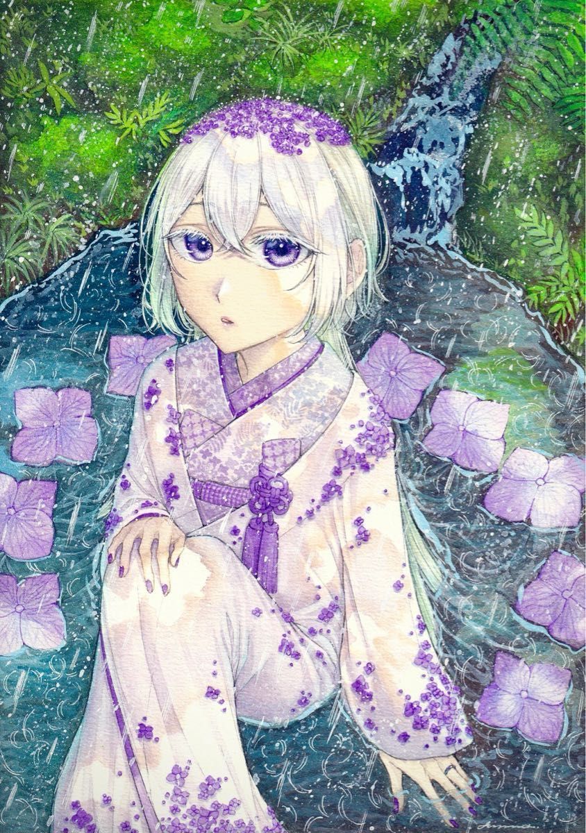 手描きイラスト B5サイズ オリジナル 原画 創作 紫陽花 雨 紫 緑 手描きイラスト B5サイズ オリジナル 原画 創作 紫陽花 雨 紫 緑