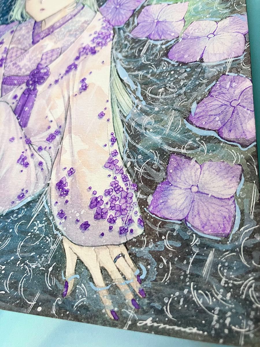 手描きイラスト B5サイズ オリジナル 原画 創作 紫陽花 雨 紫 緑 手描きイラスト B5サイズ オリジナル 原画 創作 紫陽花 雨 紫 緑