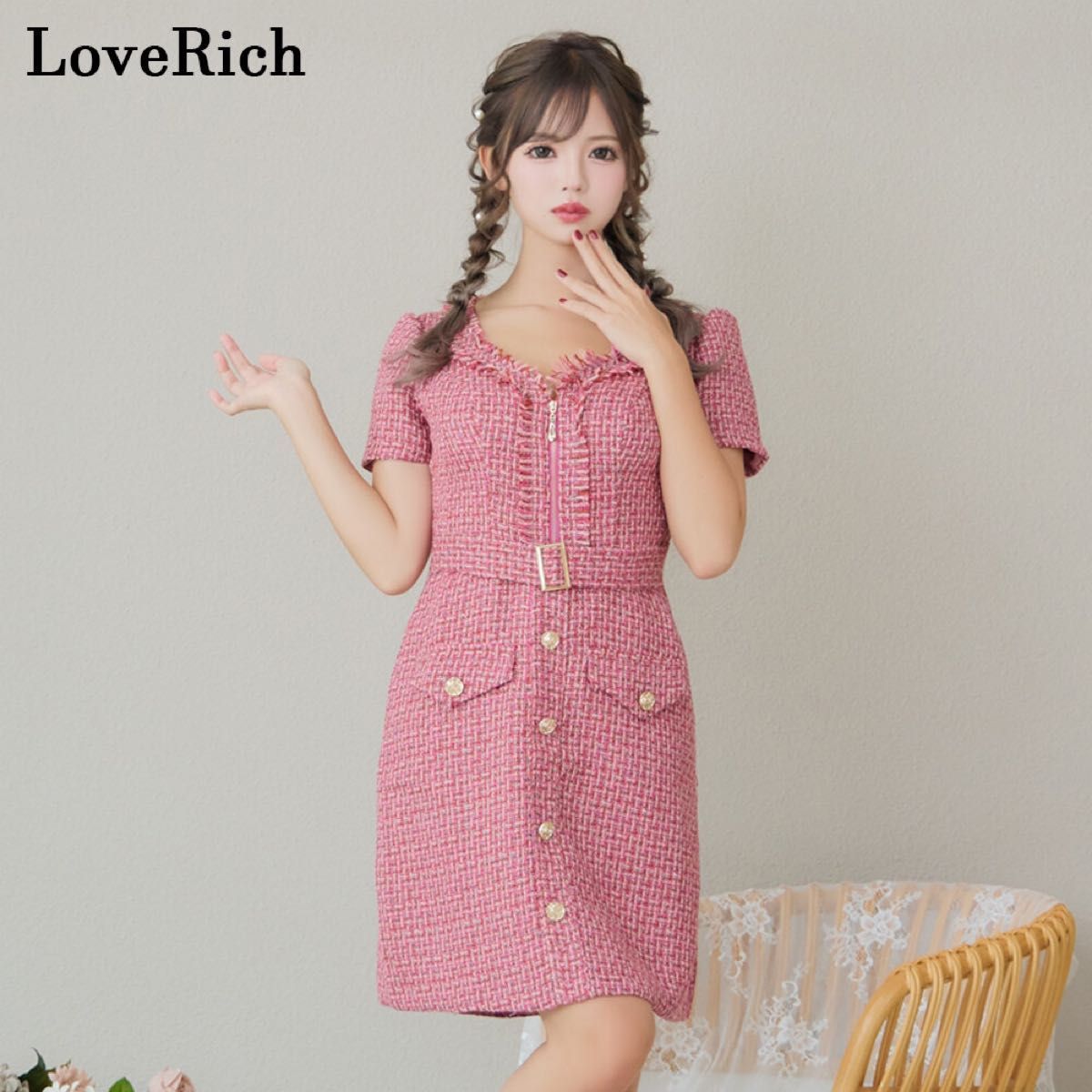 SALE】LoveRich 半袖 ツイード ジップ キャバドレス S ピンク SALE】LoveRich 半袖 ツイード ジップ キャバドレス S ピンク