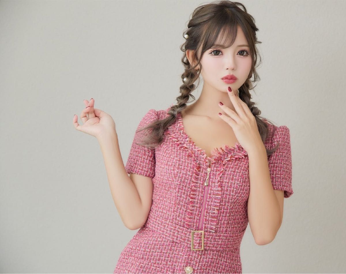 SALE】LoveRich 半袖 ツイード ジップ キャバドレス S ピンク SALE】LoveRich 半袖 ツイード ジップ キャバドレス S ピンク