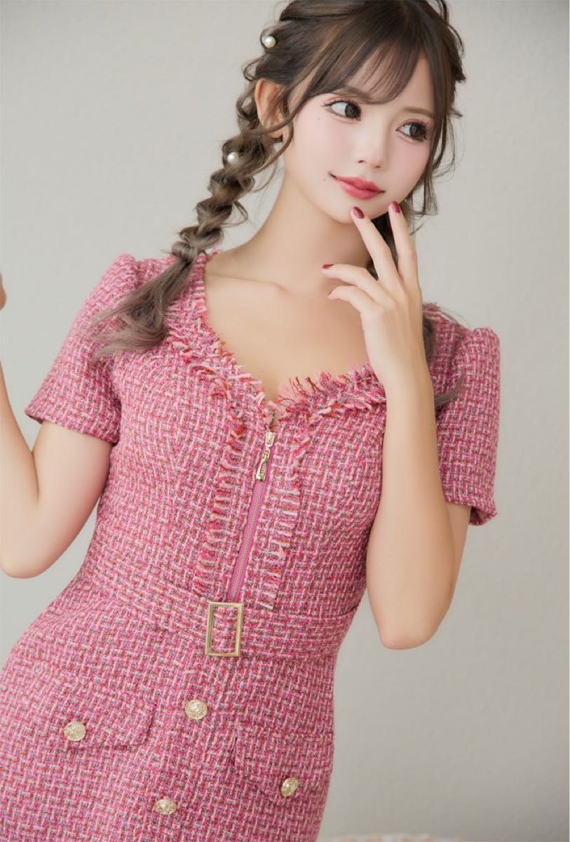 SALE】LoveRich 半袖 ツイード ジップ キャバドレス S ピンク SALE】LoveRich 半袖 ツイード ジップ キャバドレス S ピンク