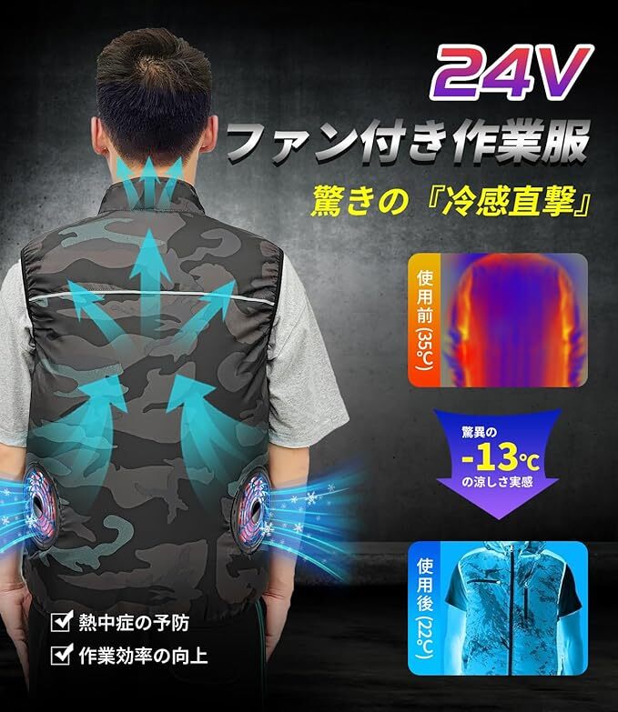 Lサイズ カモフラージュ色 ファン付きベスト 24V 空調作業服 Lサイズ カモフラージュ色 ファン付きベスト 24V 空調作業服