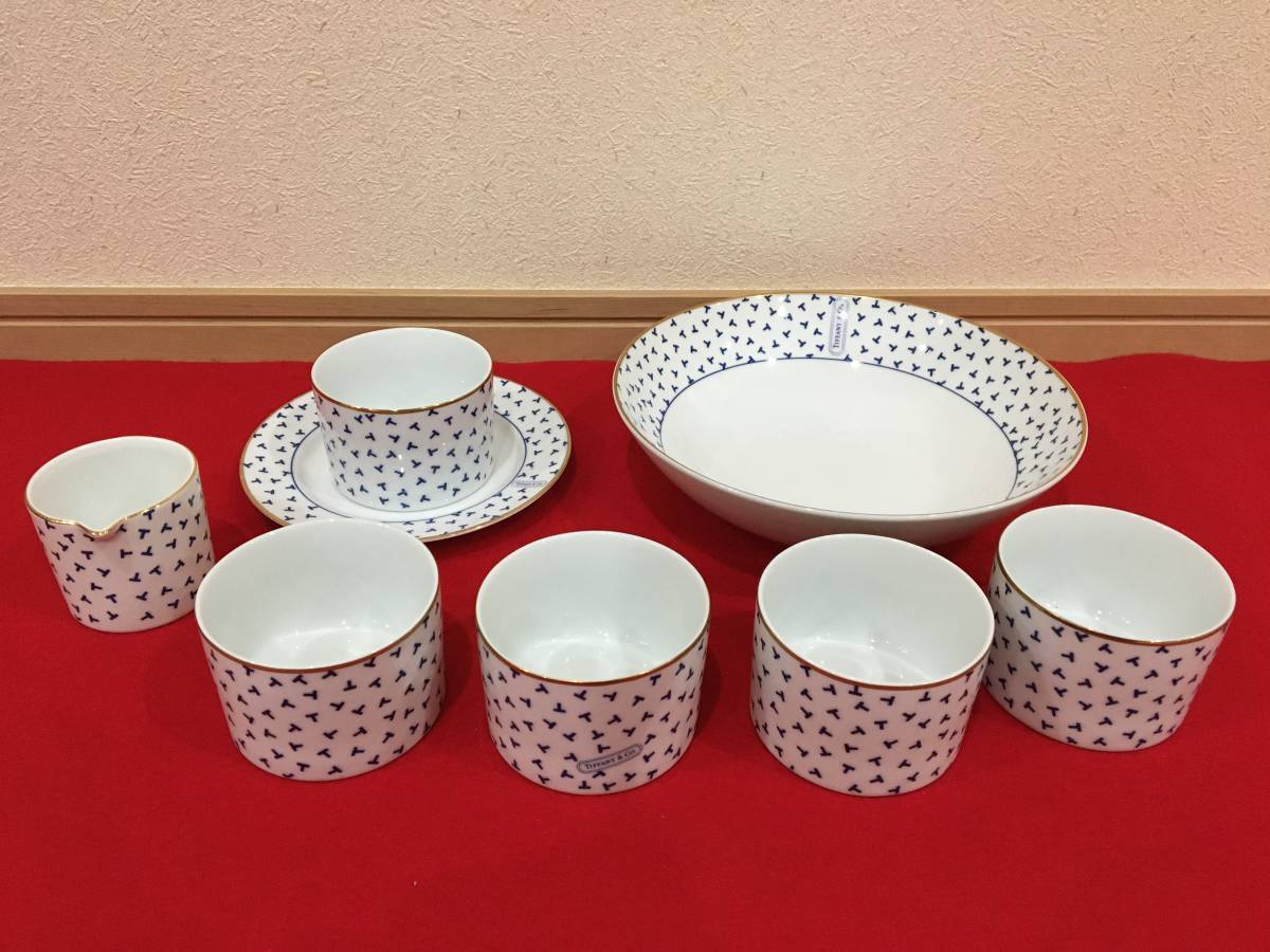 【飛脚便100】廃盤 極美品 Tiffany ティファニー ダンシングT ココット ソースカップ ラージボウル 食器 金彩 7点まとめ セット[m1117]