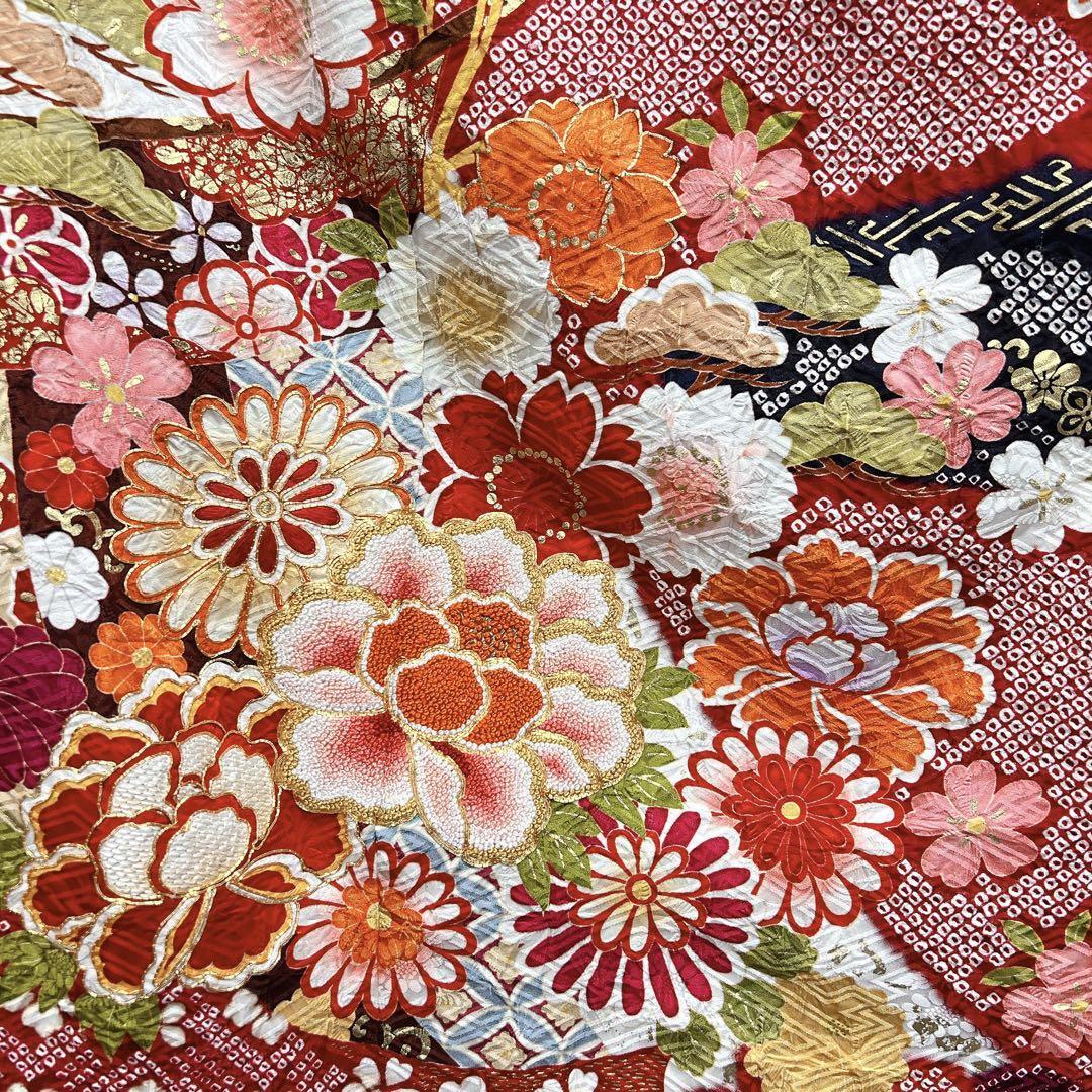 金駒刺繍総絞り鹿の子牡丹梅花振袖着物102a p 金駒刺繍総絞り鹿の子牡丹梅花振袖着物102a p