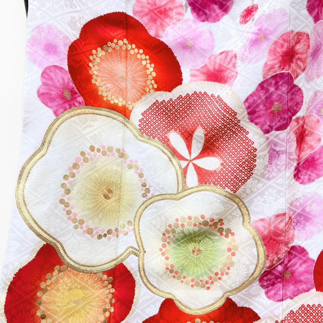 振袖梅花金駒刺繍白地ホワイト系晴れの日成人式卒業式着物041w 振袖梅花金駒刺繍白地ホワイト系晴れの日成人式卒業式着物041w