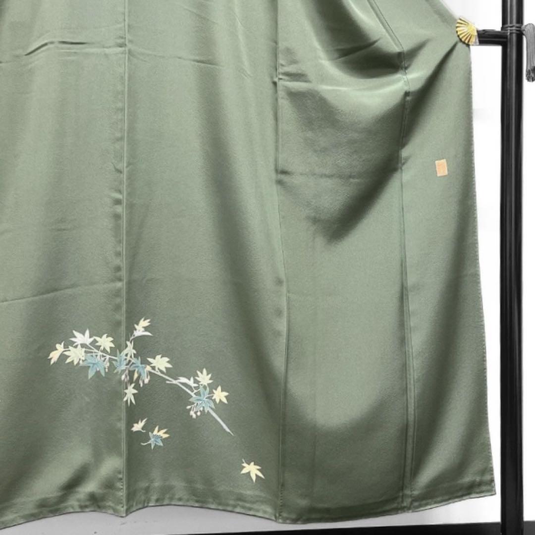 作家もの 付け下げ 京加賀友禅 楓 カーキグリーン系 着物 041w 作家もの 付け下げ 京加賀友禅 楓 カーキグリーン系 着物 041w