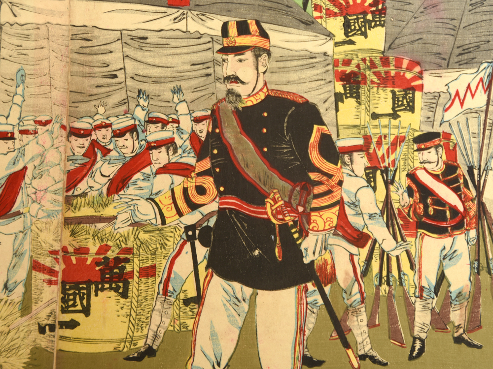 通販生活 ファッション 真作】楊斎延一 大判錦絵三枚続「日本帝国陸軍牙山全勝凱旋之図 和書