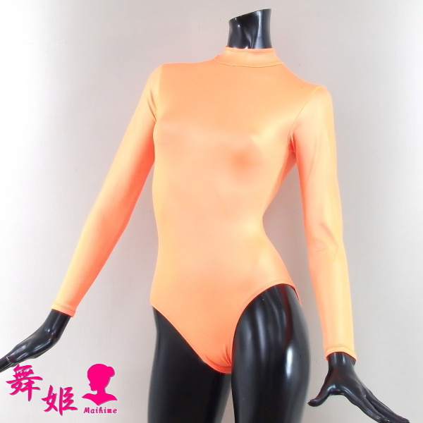 (021X4L-T81) 長袖ハイネックレオタード (艶光沢オレンジ)
