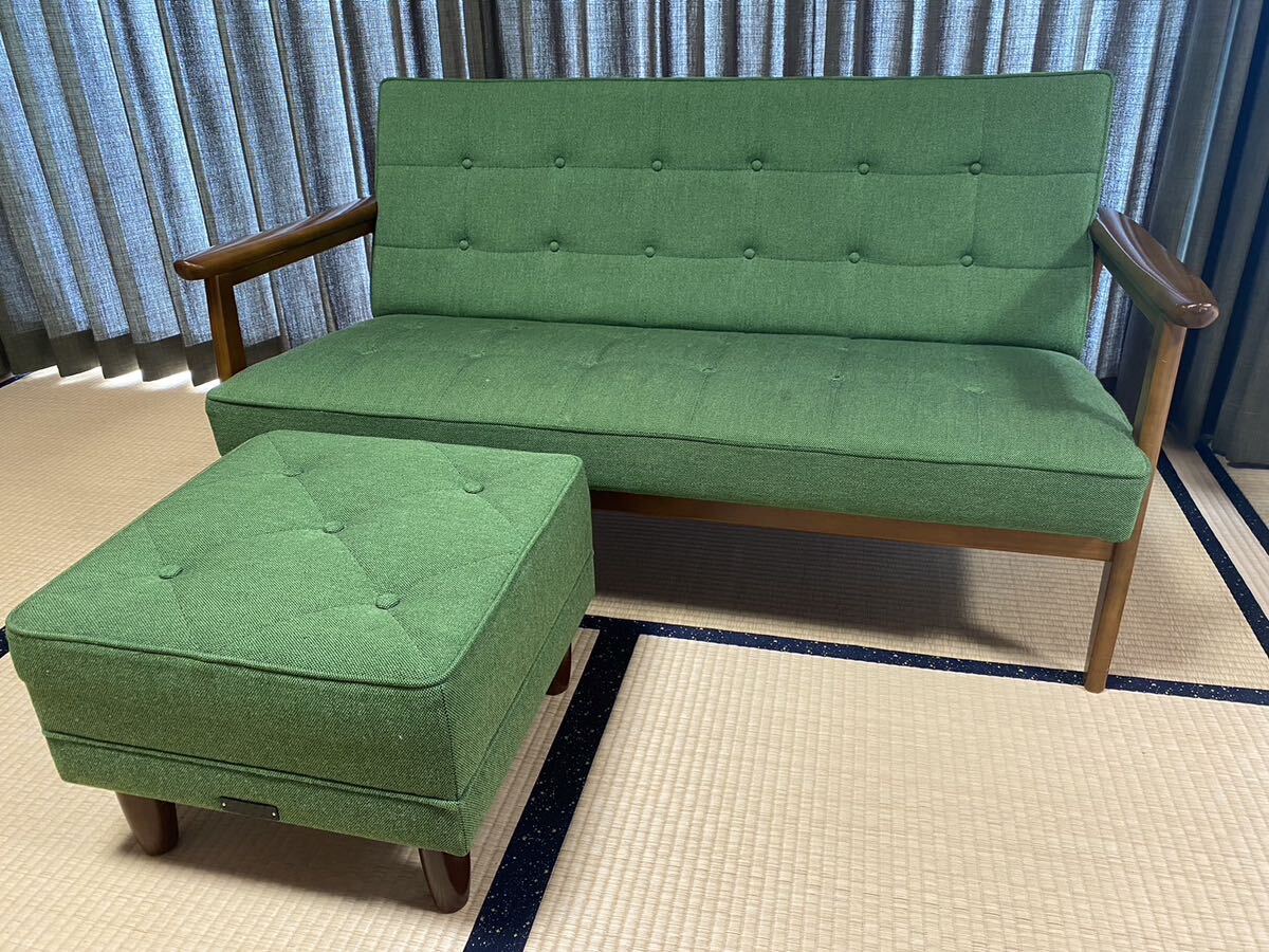 中古 カリモク60 ソファ Kチェア 2シーター タープグリーン オットマン付き 発送引取り限定