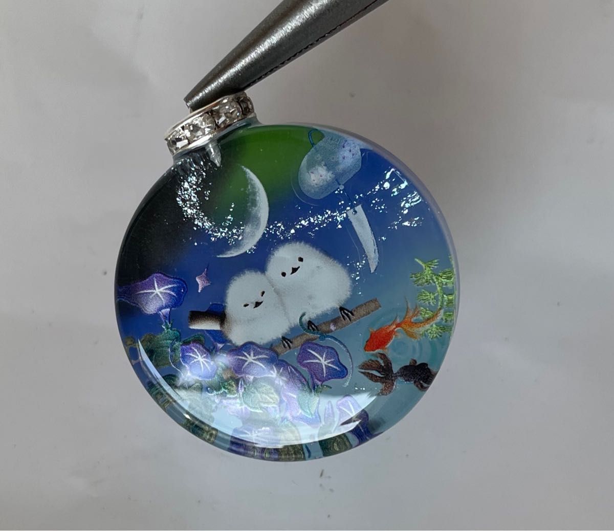 展示用/レジン/夏の夜のシマエナガ 朝顔 風鈴 蓄光 オルゴナイト 展示用/レジン/夏の夜のシマエナガ 朝顔 風鈴 蓄光 オルゴナイト