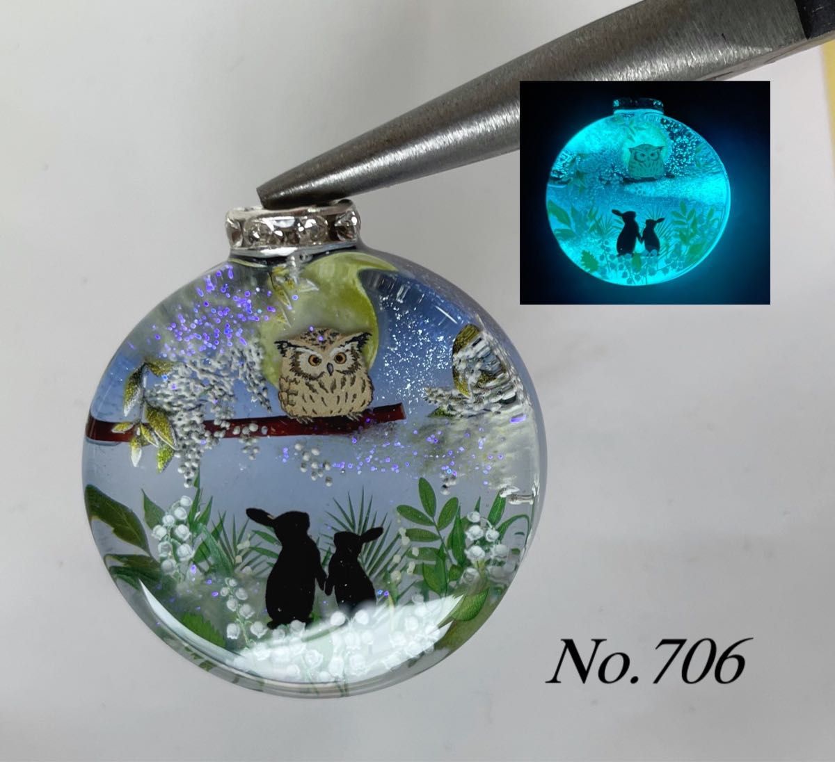 展示用/レジン/森に住むフクロウと親子うさぎ すずらん 蓄光 展示用/レジン/森に住むフクロウと親子うさぎ すずらん 蓄光