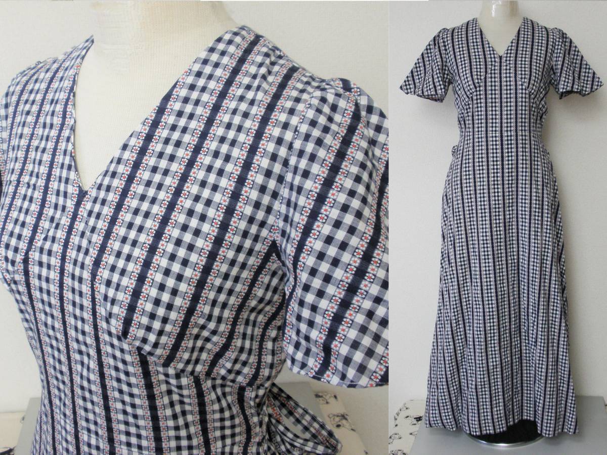 レトロ 古着 オンワード 花 チェック柄 リボン ロング マキシ丈 ワンピース ★昭和 ヴィンテージ クラシカル vintage 60 70年代