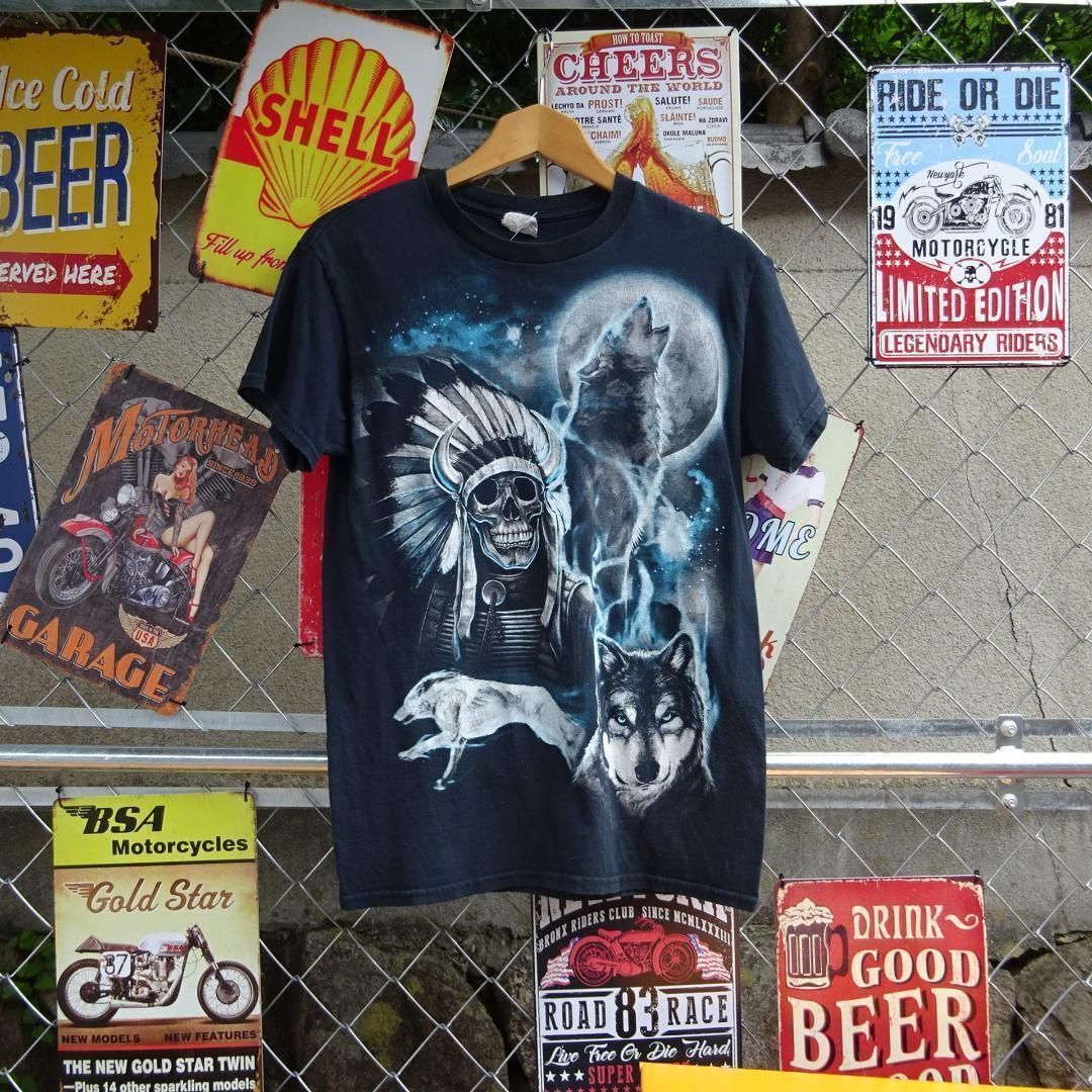 プリントTシャツ S ブラック 狼 アニマル インディアンスカル プリントTシャツ S ブラック 狼 アニマル インディアンスカル