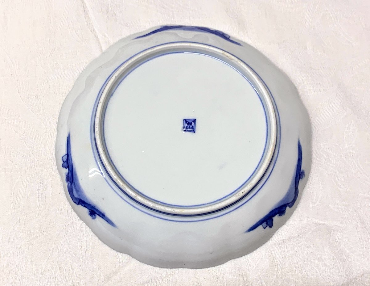 14649/ Kyoto old house delivery old Imari two -ply angle . blue and white ceramics gold paint landscape scenery 7 size plate 21 portion peak plate flat plate tree box antique / old fine art / old tool tag boat 