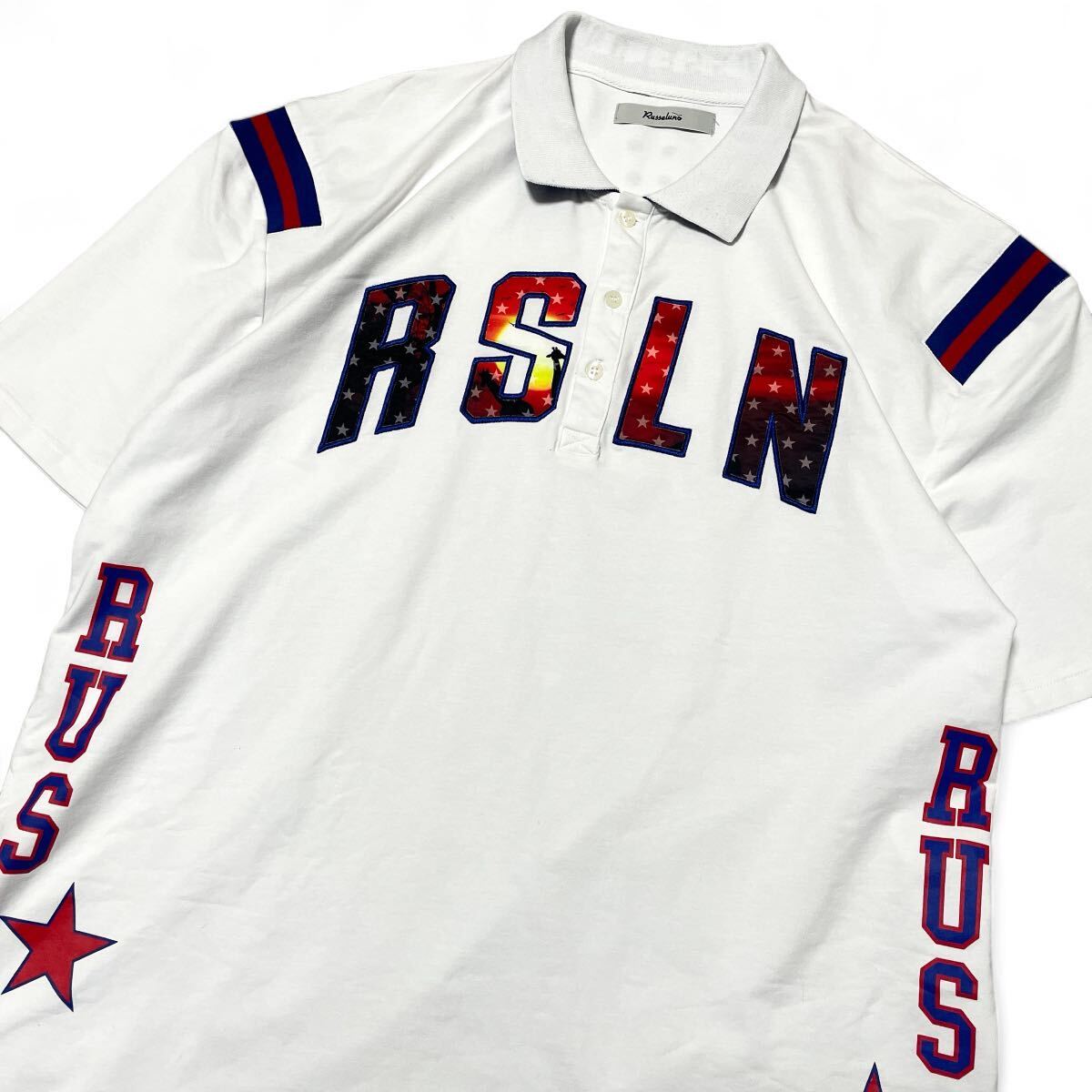 美品■Russeluno ラッセルノ【XL】大きいサイズ 半袖 ポロシャツ ゴルフウェア ルチャ ホワイト 白 吸水速乾 ストレッチ メンズ GOLF