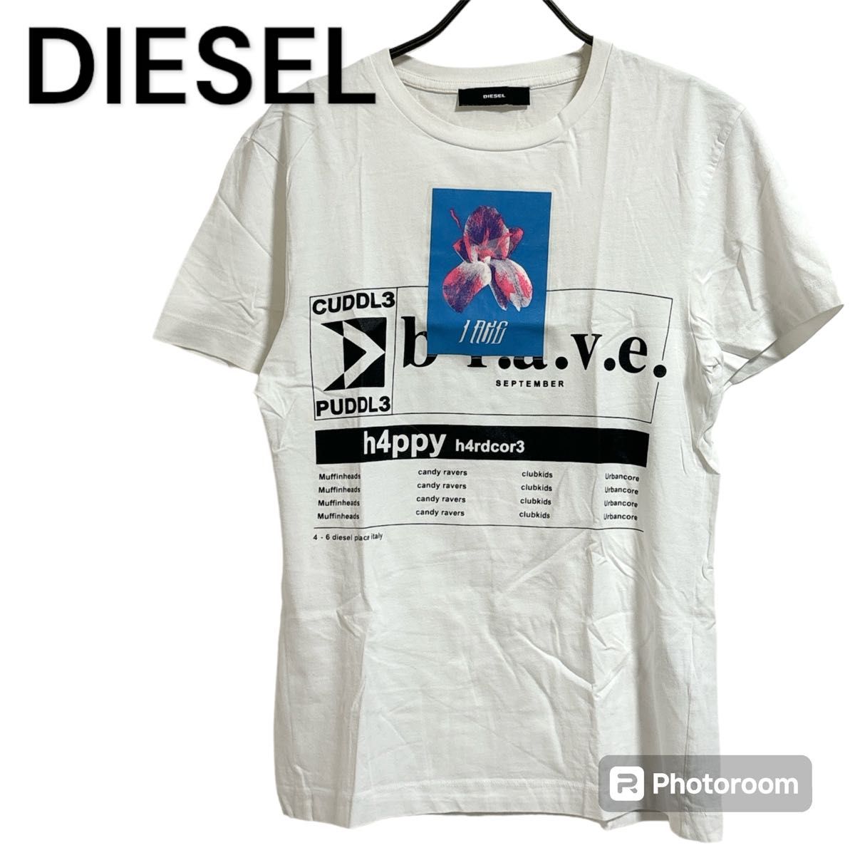 DIESEL 半袖ホワイトTシャツ DIESEL Tシャツ 半袖 プリント 綿100% カットソー ホワイト 白