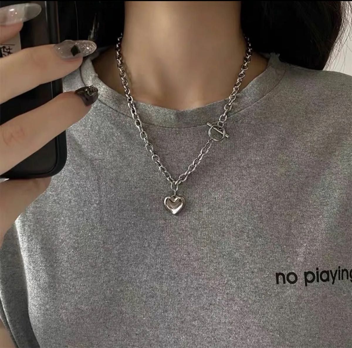 チェーン ネックレス ハート シルバー 韓国 アクセサリー 男女 チェーン ネックレス ハート シルバー 韓国 アクセサリー 男女