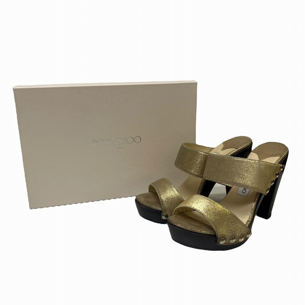  Jimmy Choo JIMMY CHOO кожа g Ritter ламе ввод каблук сандалии 37 23.0cm Brown Gold цвет женский 