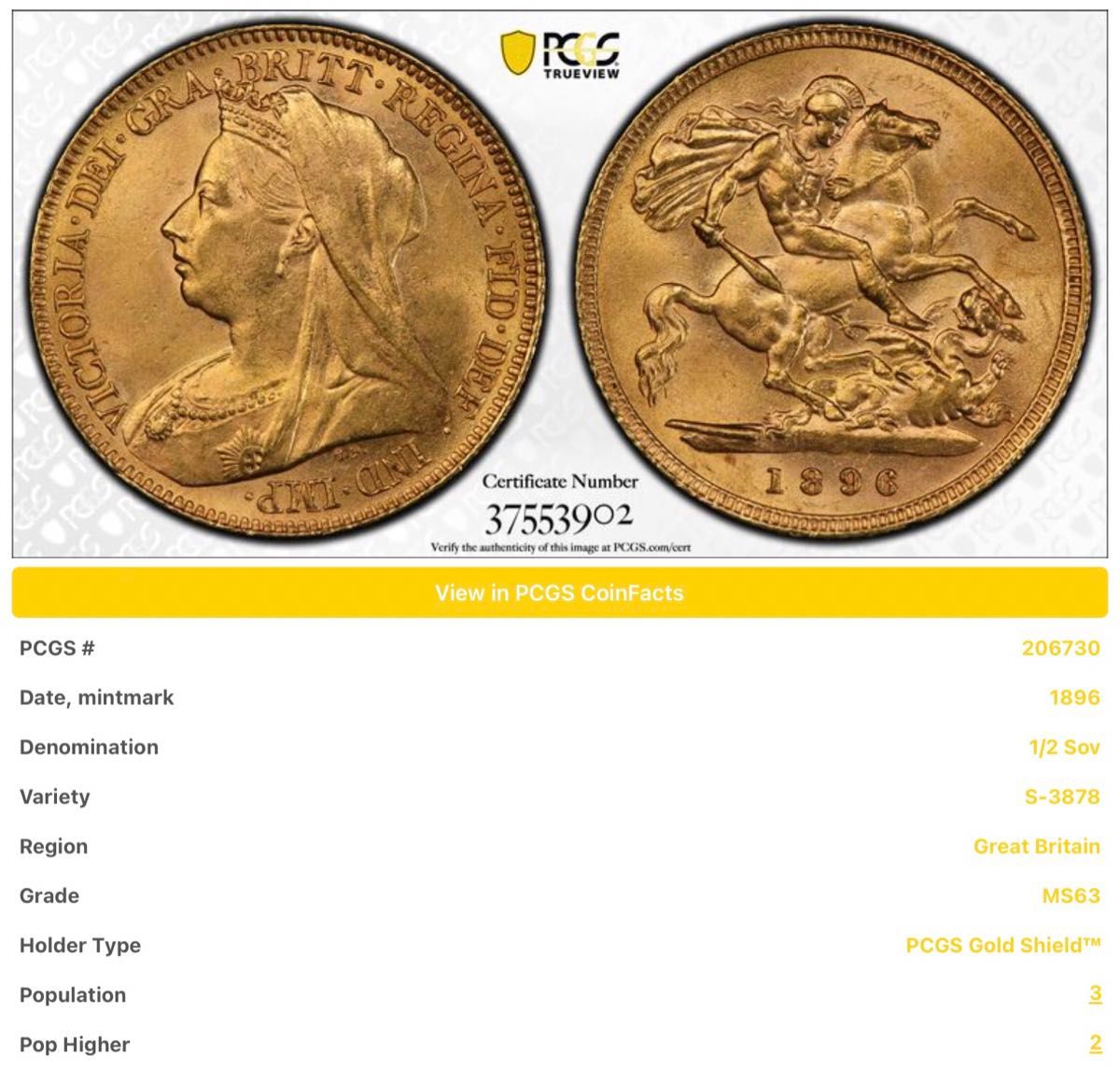 イギリス 1896 ヴィクトリア女王ベールヘッド 1/2ソブリン金貨 イギリス 1896 ヴィクトリア女王ベールヘッド 1/2ソブリン金貨
