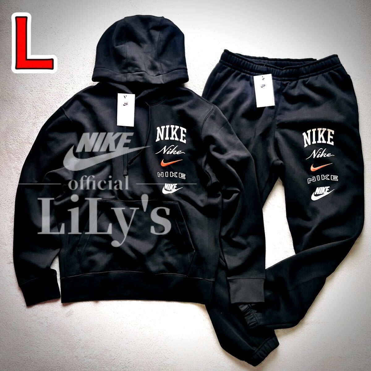 新品 NIKE上下セットアップ 黒 L ブラック オレンジ ナイキ 黒 新品 NIKE上下セットアップ 黒 L ブラック オレンジ ナイキ 黒