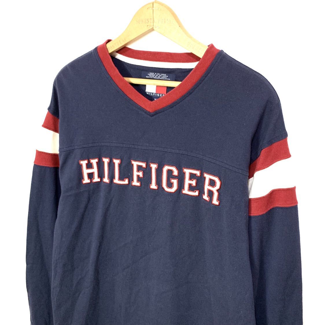 ■TOMMY HILFIGER トミーヒルフィガー Vネック ロゴ刺繍 フットボールTシャツ/古着 アメカジ スポーツ ストリート ネイビー サイズM■_画像2