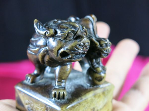 天然石 獅子像 印章 d 石製親子獅子印章 中国 石製 / 獅子 狛犬 石像 印鑑 印材 仏陀