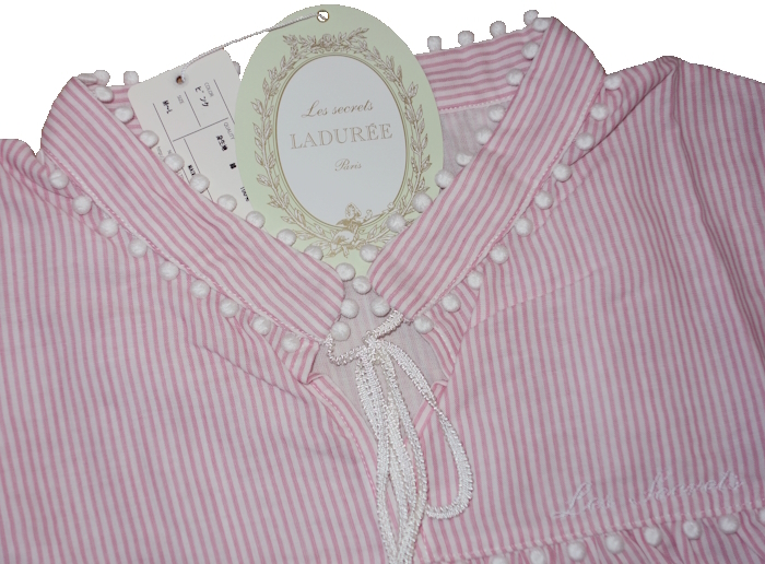 スクレ by ラデュレ/Les secrets by LADUREE Narue★4段ギャザー ワンピース ルームウェア★M-Lサイズ★綿100%生地★ピンク ストライプ柄_画像3