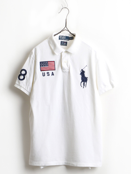  большой po колено # POLO Polo Ralph Lauren Пекин Olympic USA представитель модель вышивка олень. . рубашка-поло с коротким рукавом ( мужской мужчина M ) б/у одежда белый 