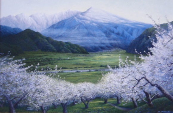 . rice field full ..,[ thousand bending river. spring ], rare book of paintings in print .., condition excellent, new goods high class frame attaching, free shipping, Western films oil painting japanese painter landscape painting Sakura mountain,arte