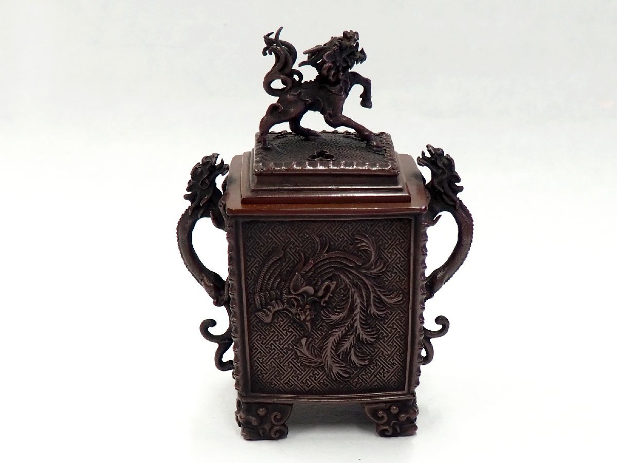 蝋型鋳銅 獅子摘香炉 高岡銅器 米田秀保作 山水花鳥 双龍耳 Yahoo!オークション - 【米田秀保 作 鋳銅 麒麟摘 龍鳳凰盛上 龍