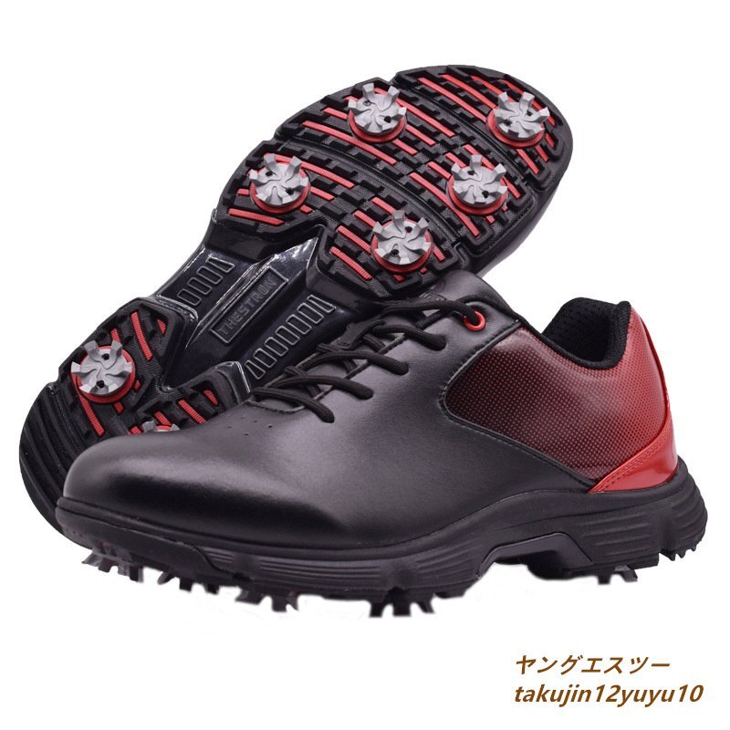 若者に人気のブランド ソフトスパイク 強いグリップ スポーツシューズ 新品 ゴルフシューズ 超希少 運動靴グラデーション 28.5cm 黒/赤 防滑撥水 スニーカー 幅広 28.5cm