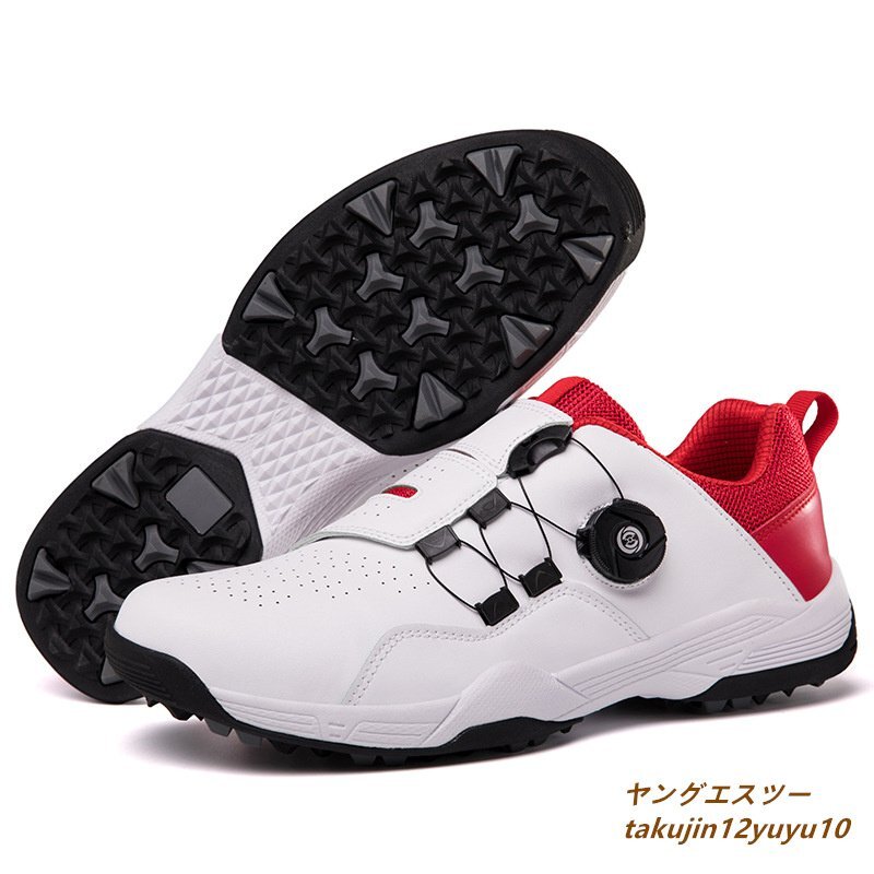 【新作入荷!!】 高品質ダイヤル式 絶賛★ゴルフシューズ メンズ 26.5cm 白/赤 撥水 防滑耐磨 フィット感 スニーカー 紳士 スポーツシューズ 幅広 運動靴 26.5cm