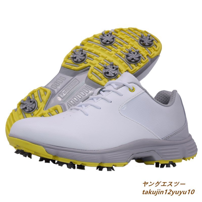 超希少 ゴルフシューズ 新品 スポーツシューズ 強いグリップ ソフトスパイク 運動靴グラデーション 幅広 スニーカー 防滑撥水 白/黄 28.5cm
