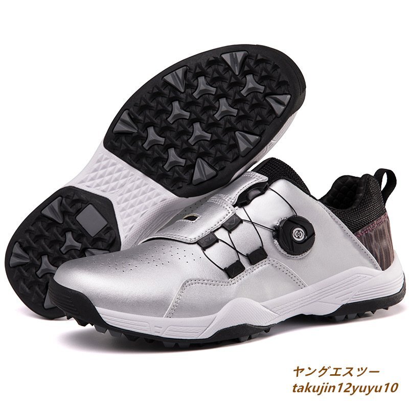 50%OFF スニーカー 紳士 スポーツシューズ 幅広 運動靴 女性用 高品質ダイヤル式 絶賛★ゴルフシューズ フィット感 23.5cm シルバー 撥水 防滑耐磨 23.5cm