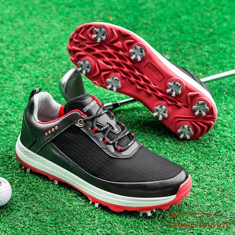 【在庫一掃】 フィット感 運動靴 強いグリップ ソフトスパイク ゴルフシューズ 高級品 軽量 25.0cm 黒/赤 耐磨 防滑 通気性 新品 弾力性スポーツシューズ 25.0cm