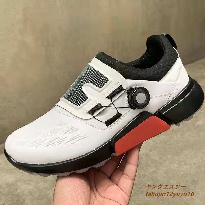 クリスマスファッション 切替 強いグリップ 幅広い メンズ スポーツシューズ 新品 ゴルフシューズ 高級品■本革 ソフトレザー 25.0cm 白/赤 運動靴 フィット感 25.0cm