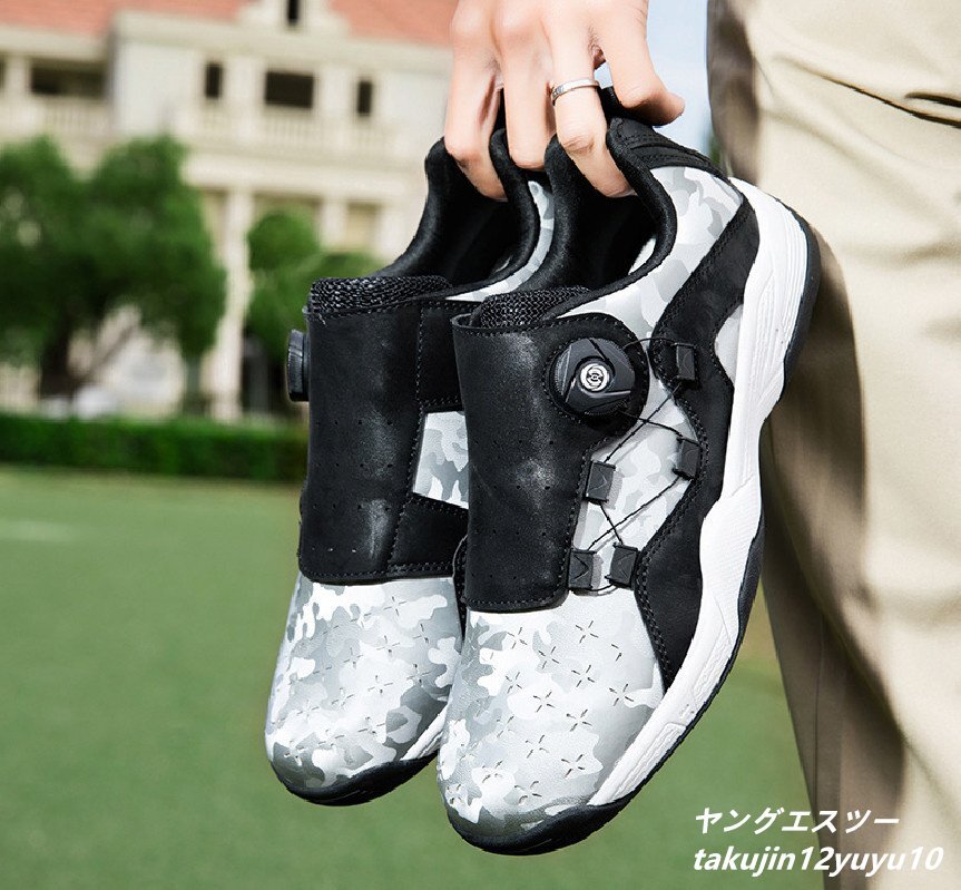 【売り切り御免!】 高級品 ゴルフシューズ スパイクレス スポーツシューズ 迷彩柄 スニーカー デニス 運動靴 ウォーキングシューズ軽量 防水防滑 灰/黒 25.0cm 25.0cm