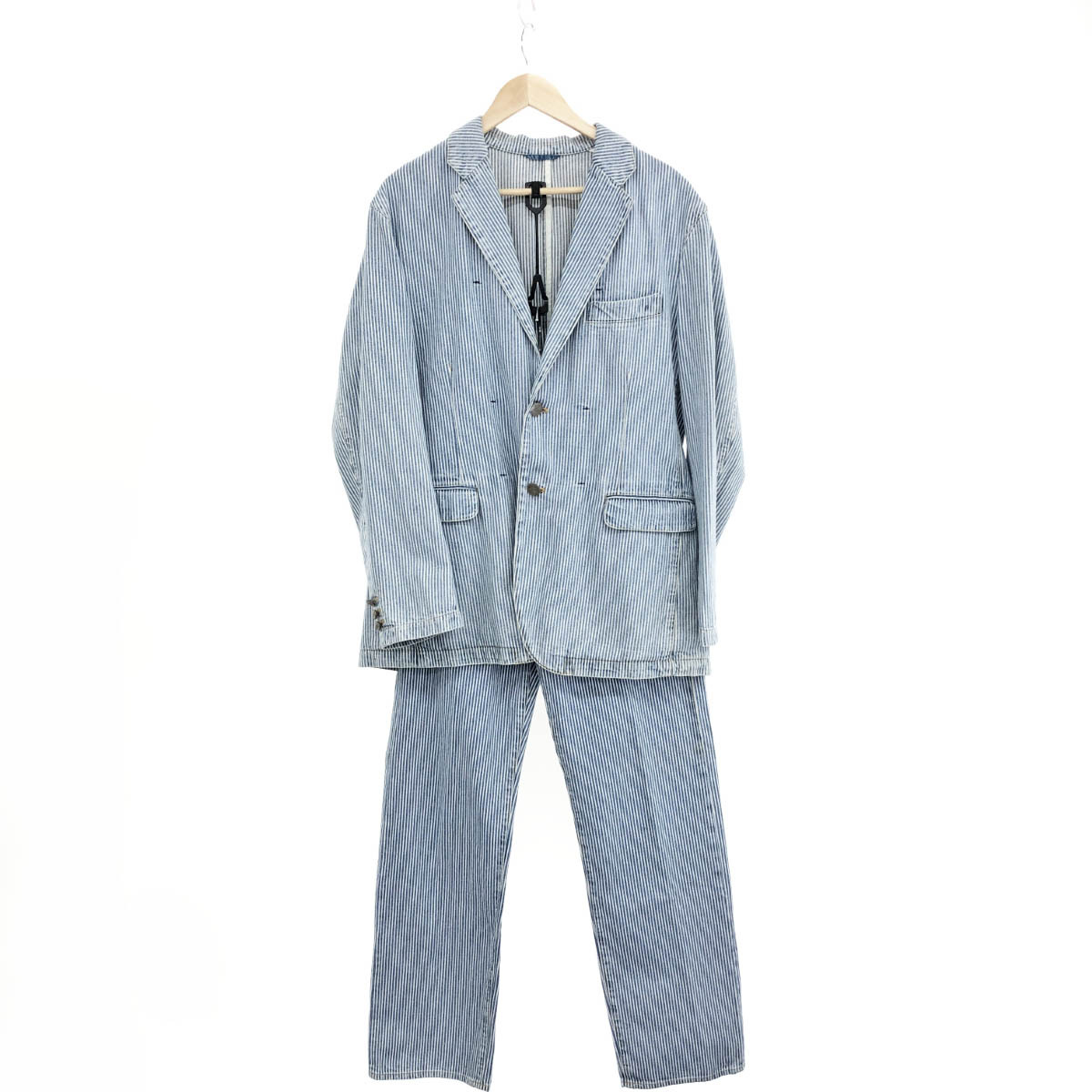 ◆PAPAS パパス セットアップ サイズL◆ ブルー 綿100% メンズ 上下セット スーツ ジャケット&パンツ ヒッコリー