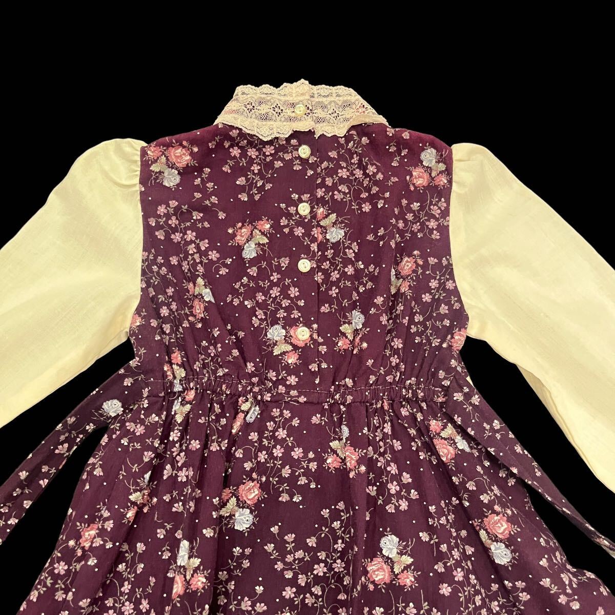 ビンテージ　1970’s ガニーサックス　ワンピース　子供　kids 古著　70年代　vintage Gunne sax 紫　小花柄　レース　リボン