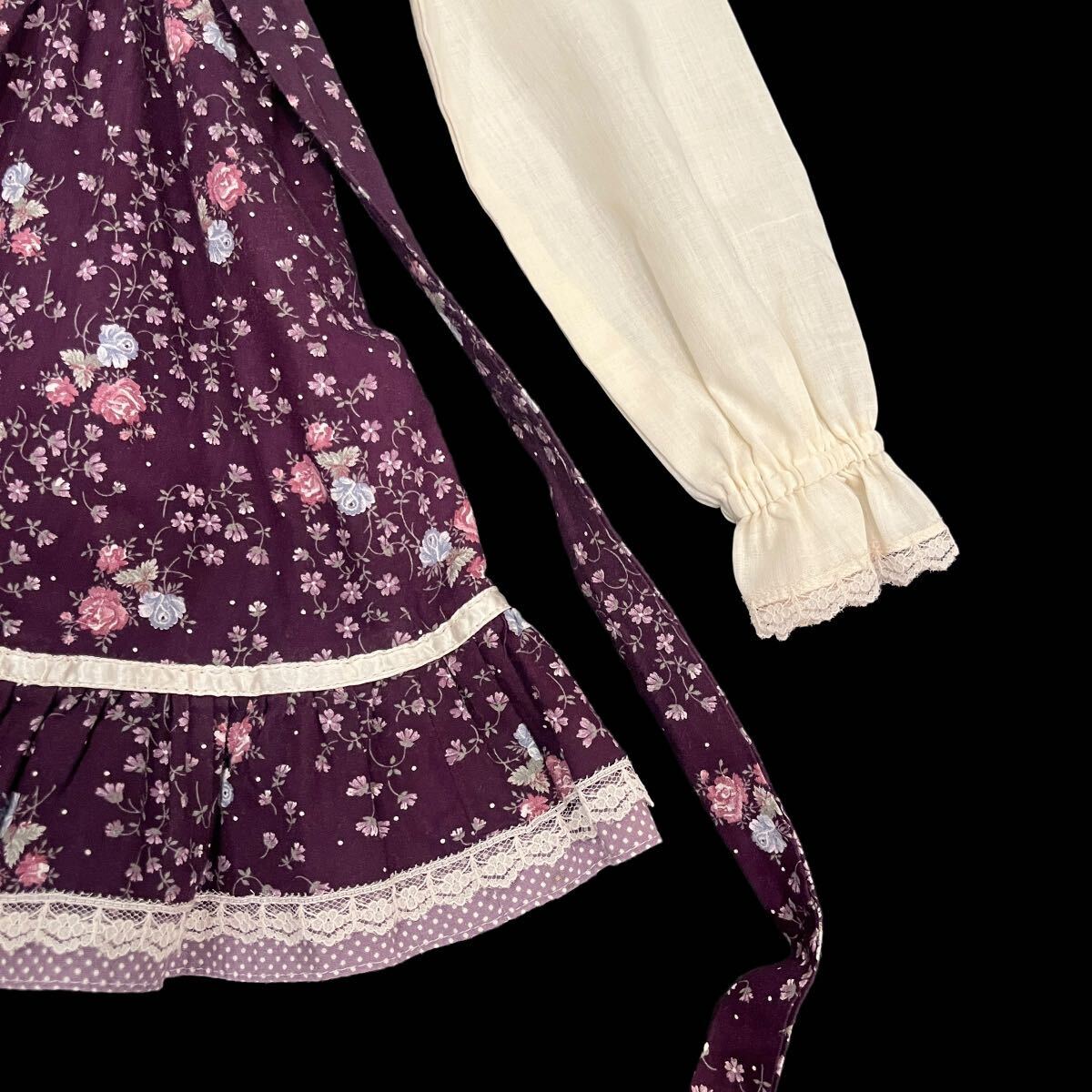 ビンテージ　1970’s ガニーサックス　ワンピース　子供　kids 古著　70年代　vintage Gunne sax 紫　小花柄　レース　リボン