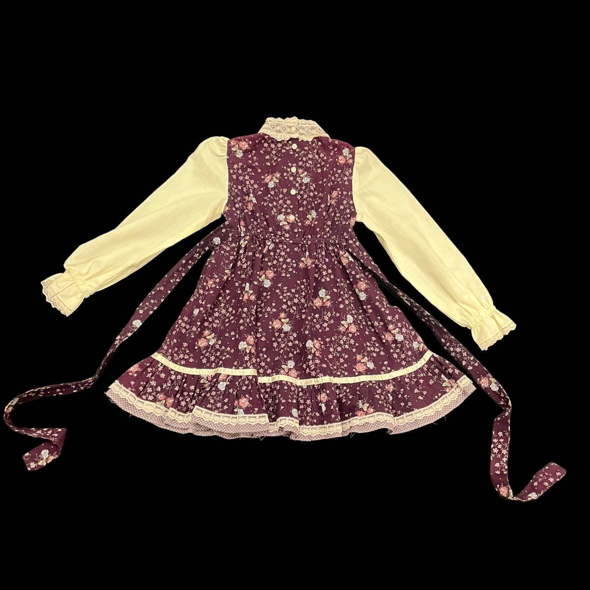 ビンテージ　1970’s ガニーサックス　ワンピース　子供　kids 古著　70年代　vintage Gunne sax 紫　小花柄　レース　リボン