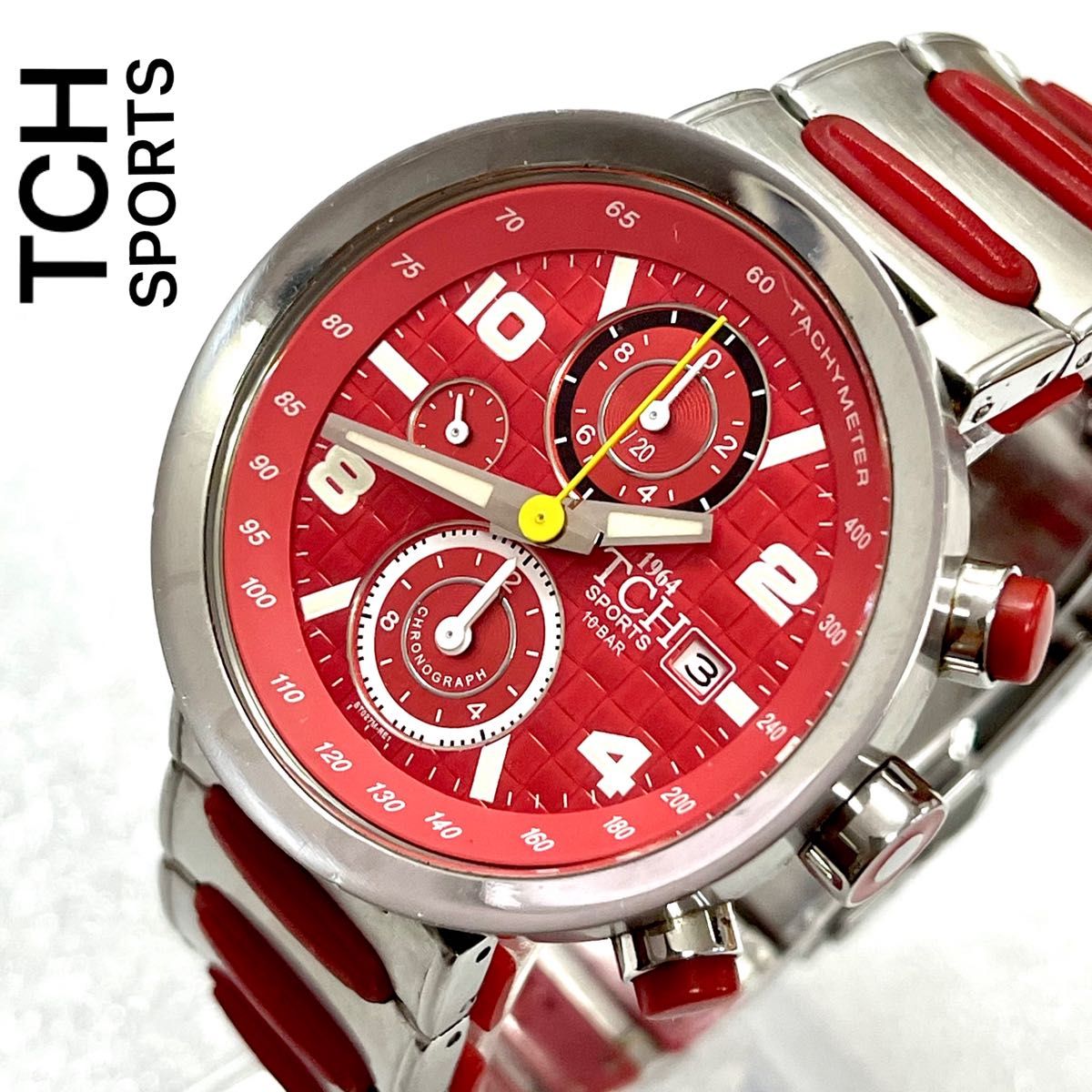 稼働 TCH SPORTS メンズ腕時計 クロノグラフ レッド シルバー 稼働 TCH SPORTS メンズ腕時計 クロノグラフ レッド シルバー
