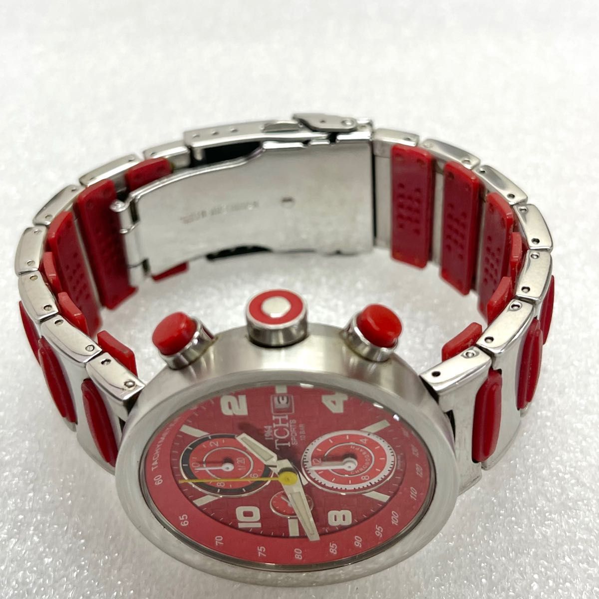 稼働 TCH SPORTS メンズ腕時計 クロノグラフ レッド シルバー 稼働 TCH SPORTS メンズ腕時計 クロノグラフ レッド シルバー