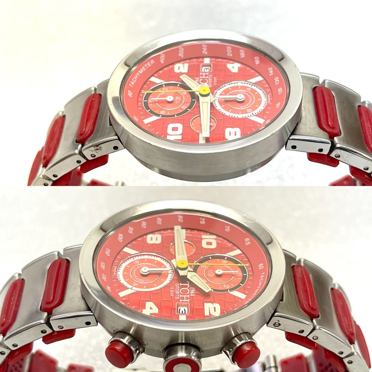稼働 TCH SPORTS メンズ腕時計 クロノグラフ レッド シルバー 稼働 TCH SPORTS メンズ腕時計 クロノグラフ レッド シルバー