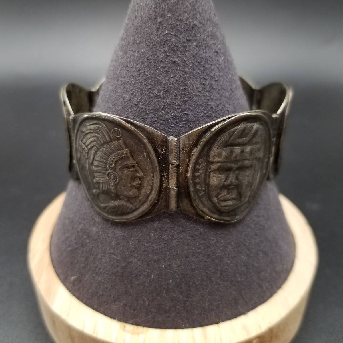 メキシコ ヴィンテージ 戦士の顔 レリーフ 大ぶりチェーン ブレスレット アルパカシルバー Made in Mexico 存在感 Y11-US