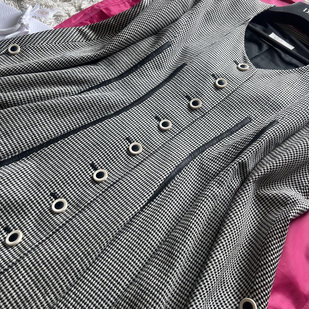 美品】Christian Dior 千鳥柄ワンピース 膝丈 グレー L 長袖 美品】Christian Dior 千鳥柄ワンピース 膝丈 グレー L 長袖