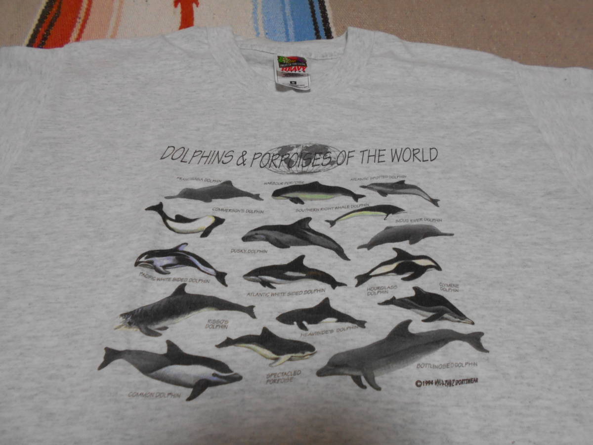 １９９４年製 イルカ DOLPHINS & PORPOISES OF THE WORLD Tシャツ FRUIT OF THE LOOM USA FRANCISANA HOURGLASS RISSO'S CLYMENE DOLPHIN_画像1