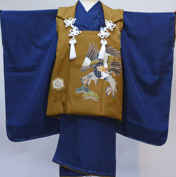 七五三 三歳 男児 日本製 正絹 被布 着物フルセット 紺地 新品 （株 