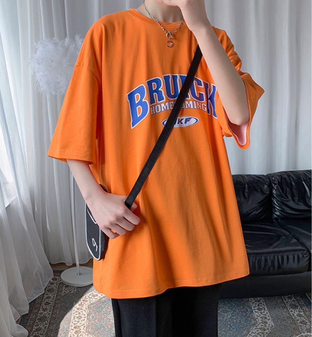 【関税込】 半袖 Tシャツ - ディープ オレンジ プリント 半袖 Tシャツ カットソー ユニセックス M オレンジ